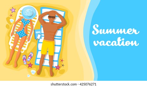 People Lying Beach Sand Sunbathing Summer Vacation Flat Vector Illustration