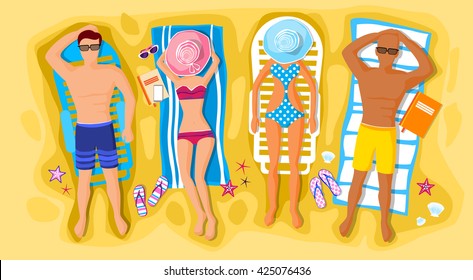 People Lying Beach Sand Sunbathing Summer Vacation Flat Vector Illustration