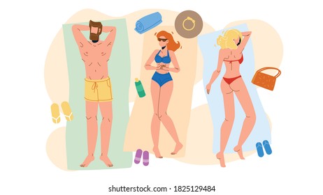 People Lying On Beach Relax And Sunbathing Vector. Young Man And Girls Lying On Beach Suntanning And Relaxing Sun Rays. Characters Summertime Leisure Vacation Flat Cartoon Illustration