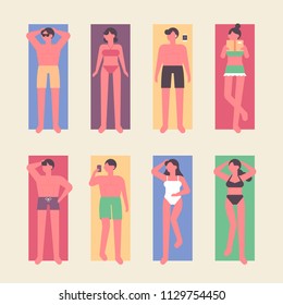 People lying on the beach and tanning. flat design style vector graphic illustration set