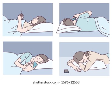 People are lying the bed   using smartphones  Square frame  hand drawn style vector design illustrations  