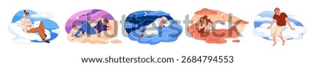 People are lying on clouds set. Happy men and women dream and relax in the sky. Calm characters fly, sleep, have a rest and reading in the air. Flat isolated vector illustrations on white background