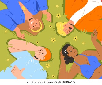 People lying on grass together. Young guys and girls lie on hill, view from top. Teenagers resting in nature in spring and summer season. Friends having fun together. Cartoon flat vector illustration