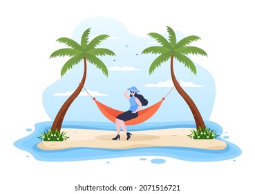 People Lying on Hammock in Beach Swing Flat Cartoon Vector Illustration. Summer Vacation Outdoor Picnic Between Coconut or Palm Tree