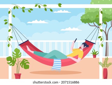 People Lying on Hammock in Home Flat Cartoon Vector Illustration. Summer Vacation Outdoor Picnic Between Two Walls 