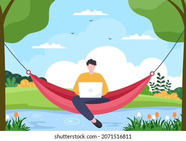 People Lying on Hammock in Park Flat Cartoon Vector Illustration. Summer Vacation Outdoor Picnic Between Two Trees