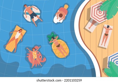 People lying on inflatable toys in swimming pool top view flat composition vector illustration