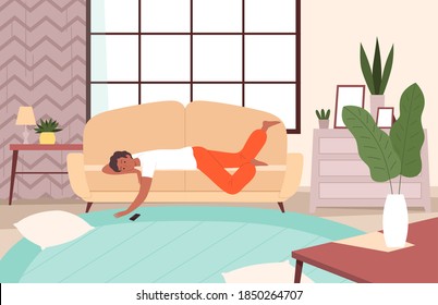 People Lying On Sofa. Lazy Person Relax In Living Room Sleeping And Watching Tv Apathy And Messy Vector Character