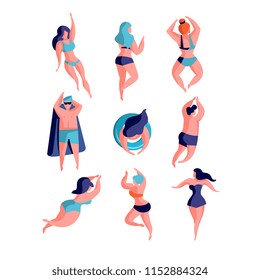 People lying and sunbathing set, young men and women relaxing at the beach, top view vector Illustrations on a white background