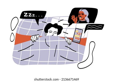 Gente tendida bajo mantas. El hombre cierra los ojos, sueño cómodo, recuperación. Descanso, escena nocturna en el apartamento. Tecnologías modernas y adicción a los aparatos. Dibujo vectorial plano de dibujos animados