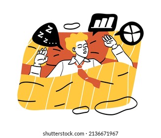 People lying under blankets. Man in suit shown, sleeping businessman or entrepreneur. Character thinks about graphs and statistics. Company development and finance. Cartoon flat vector illustration