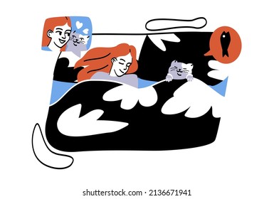 People lying under blankets. Young girl sleeps with cat, hostess and pet. Funny pictures, care and comfort. Design for congratulatory postcard, positive and optimism. Cartoon flat vector illustration