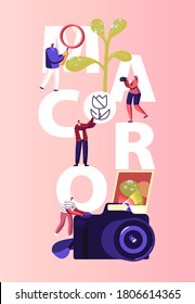 People Macro Shooting Concept. Tiny Photographer Characters with Huge Photo Camera Making Picture of Nature, Outdoor Plants Relaxing Hobby, Leisure Poster Banner Flyer. Cartoon Vector Illustration
