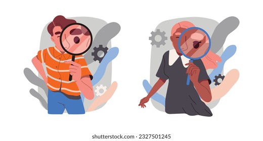 People with magnifiers set. Business characters exploring and looking for new ideas to solve problems. Man and woman look and make observations. Cartoon flat vector isolated on white background