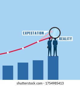 People with magnify analyze the target and development metaphor of expectation and reality. Business flat vector concept illustration.