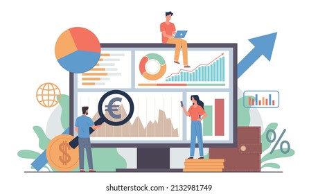 People with magnifying glass. Business persons group in work process, man holds big loupe, graphs on monitor, exchange rates, search and analysis information vector cartoon flat concept