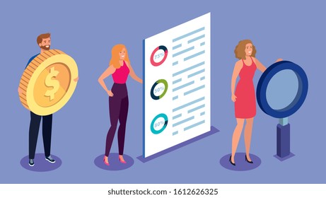 people with magnifying glass and icons vector illustration design