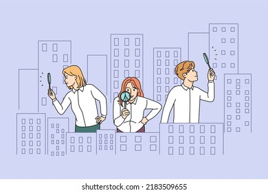 People With Magnifying Glasses Looking For Property On Real Estate Market. Agents With Magnifiers Search For Buy Or Rent House. Realty And Rental. Vector Illustration. 