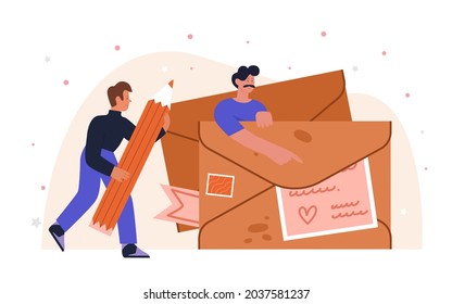 Personas con carta de correo en sobre de papel, ilustración vectorial del buzón de correo del servicio postal retro. Caricatura de un hombre sujetando un lápiz grande en la mano para escribir y enviar una carta aislada en blanco