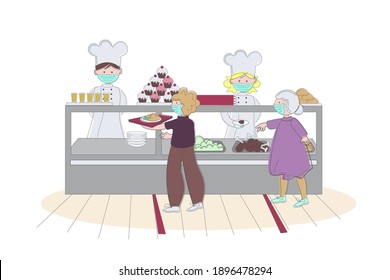 People maintain social distancing at canteen while standing in line. Covid-19 heathcare vector illustration.