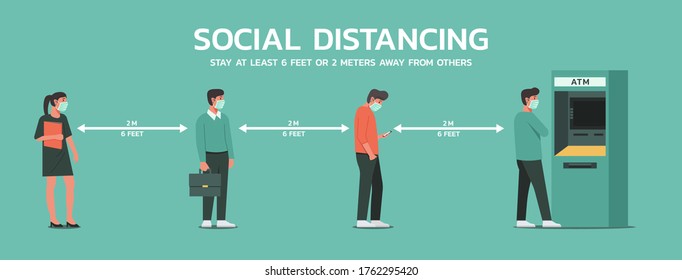 people maintain social distancing to prevent virus spreading and transmission when using ATM, man and woman keep distance from others, new normal concept, flat vector illustration