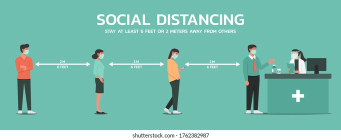 people maintain social distancing to prevent virus spreading and transmission at the pharmacy, man and woman keep distance from others, new normal concept, flat vector illustration