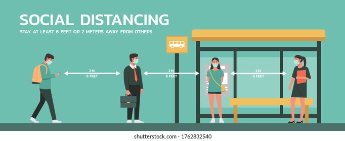 people maintain social distancing to prevent virus spreading and transmission at bus stop, man and woman keep distance from others, new normal concept, flat vector illustration