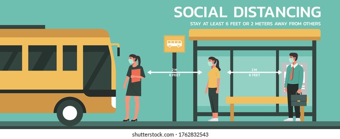 people maintain social distancing to prevent virus spreading and transmission, man and woman keep distance from others at bus stop, new normal concept, flat vector illustration