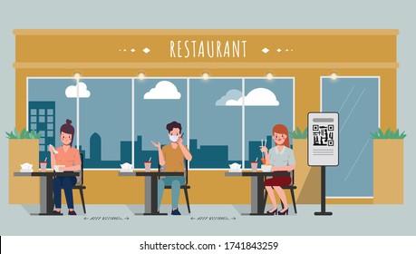 People maintain social distancing. Restaurant social distancing. New normal lifestyle in dinning eating food.