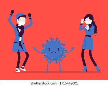 People maintaining a distance as protection measure against virus. Man and woman angry in physical distancing, keeping space between close friends, relatives. Vector illustration, faceless characters