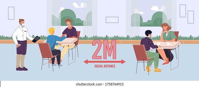 People Maintaining Safe Social Distance In Cafe. Man Woman Friends Communicating, Eating In Restaurant. Two Meter Space Between Visitor Seats. Waiter Wearing Facial Mask. New Normal Lifestyle