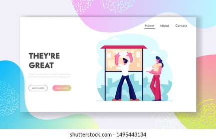 People Make Advertising Website Landing Page. Man Sticking Paper Flyer with Announcement on Bulletin Board, Woman Hold Heap of Posters on City Street Web Page Banner. Cartoon Flat Vector Illustration