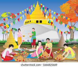 people make beautiful sand pagoda in temple on Songkran festival,Merit making traditions vector design