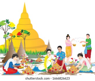 people make beautiful sand pagoda in temple on Songkran festival ,Merit making traditions vector design