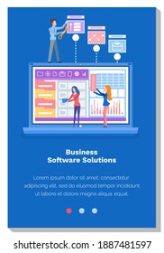 People make business software solutions. Colleagues work with technology. Website landing page template. Characters study site statistics and program its work. Business data analytics webpage