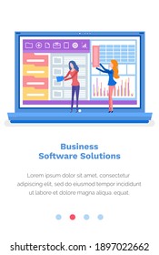 People make business software solutions. Women work with a computer. Website page template. Workers study site statistics and program. Business data analytics webpage flat vector illustration