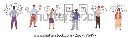 People make choices. Finding right solution, different options for action, weighing pros and cons, dilemma or question, alternative strategy cartoon flat style isolated illustration, garish vector set