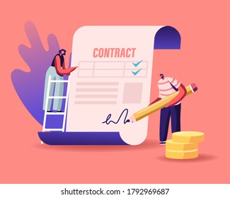 People Make a Deal Agreement, Checking and Signing Loan Contract. Tiny Characters Standing at Huge Paper Document with Money Scatter around. Man with Pen Put Signature. Cartoon Vector Illustration