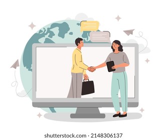 People make deal. Girl and guy shake hands through monitor screen, digital world. Investor and businessman conclude contract, metaphor for successful negotiations. Cartoon flat vector illustration