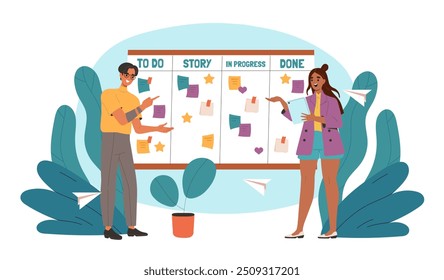 People make to do list. Man and woman with list of tasks and goals. Motivation and planning. Organizing efficient work process, colleagues with time management. Flat vector illustration