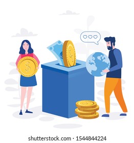 People make Donation and charity vector illustration. Man and woman with money make world better.  