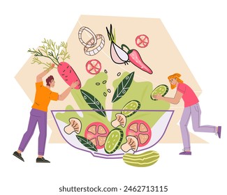 People make fresh healthy vegetable salad in glass bowl, flat vector illustration isolated on white background. Man and woman put fresh cut vegetables in salad.