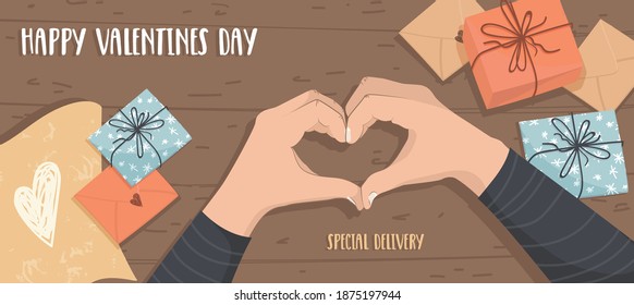 People make gifts and souvenirs to their loved ones. Vector illustration for Happy Valentines day