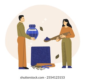 People make homemade candles for aroma. Man and woman working with herbs and berries, holding jar and wooden ladle filled with natural elements. Aromatherapy concept. Flat vector illustration.