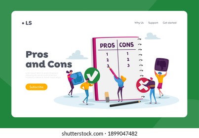 People Make Important Decision Landing Page Template. Tiny Characters at Huge Notebook Sheet Writing Pros and Cons of Something in Column List, Advantages or Disadvantages. Cartoon Vector Illustration