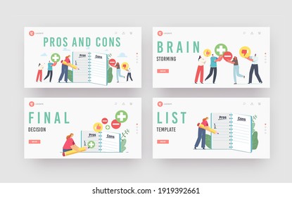 People Make Important Decision Landing Page Template Set. Tiny Characters at Huge Notebook Writing Pros and Cons of Something in Column List, Advantages and Disadvantages. Cartoon Vector Illustration