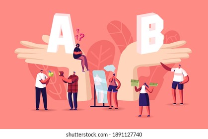 People Make Important Decision. Tiny Male and Female Characters at Huge Hands with A and B Comparison, Choice, Pros and Cons Concept. Choose Advantages and Disadvantages. Cartoon Vector Illustration