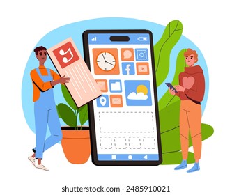 People make interface for smartphone. Men with smartphone developing mobile application or program. UI and UX design. Designers and freelancers working on common project. Cartoon vector illustration