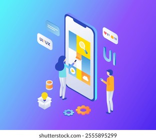 People make interface for smartphone. Men with smartphone developing mobile application or program. UI and UX design. Designers and freelancers working on common project. Isometric future illustration