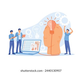 People make lists of creative ideas. Connecting between ideas and laptops. Teamwork concept. Flat vector illustration.